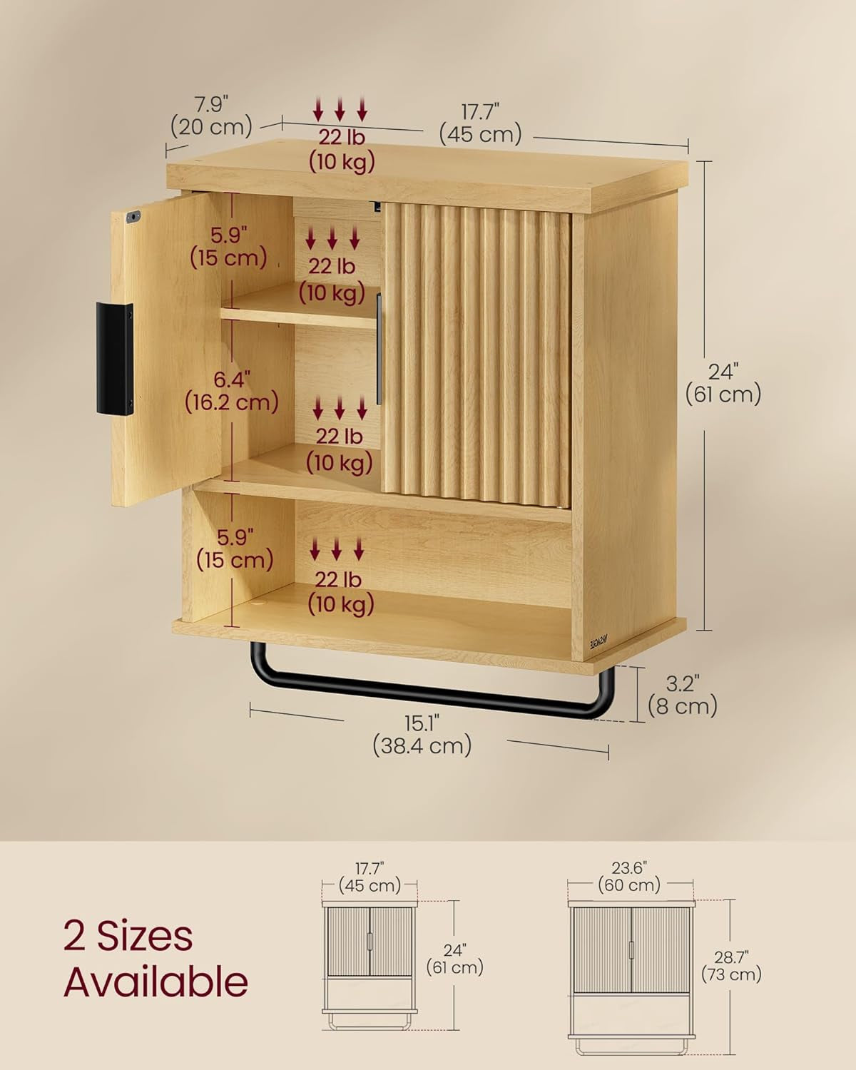 MAXE Collection - Bathroom Cabinet Wall Mounted, over Toilet Hanging Cabinet with Adjustable Shelf, Towel Bar, Fluted Doors, 7.9 X 17.7 X 24 Inches, Transitional, Oak Beige UBBK137Y01S