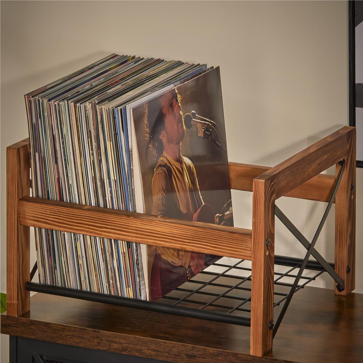 Vinyl Record Holder – 1 Pack Only – Fits 7"–12" Albums, Holds 50–100 Records, Dvds, or Cds – Modern Wooden Storage Stand, File Organizer Rack, Brown