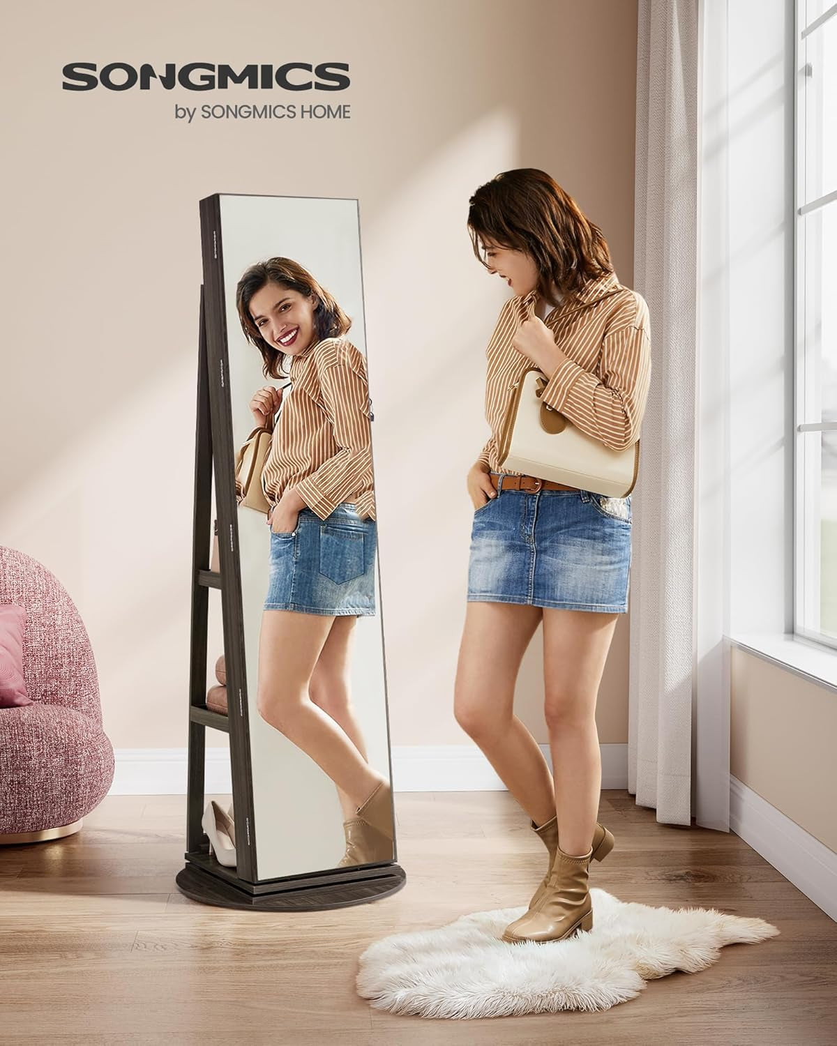 6 Leds Lockable Mirror Jewelry Cabinet, 360° Swivel Jewelry Organizer Armoire Standing, Frameless Full-Length Mirror, 3 Storage Shelves, Ash Brown Surface, Black Lining UJJC007K02