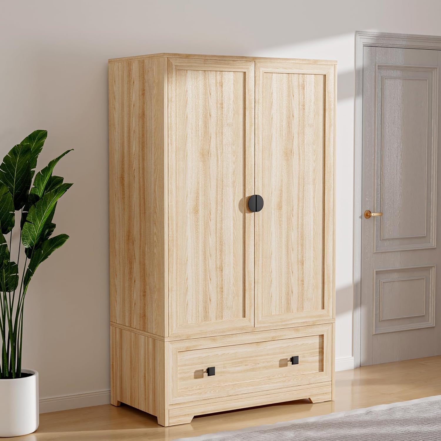 Armoire Wardrobe Closet with Doors, Hanging Rod, Shelves and Drawer - Freestanding Cabinet for Bedroom, Dorm - Oak, 38" W X 21" D X 65" H