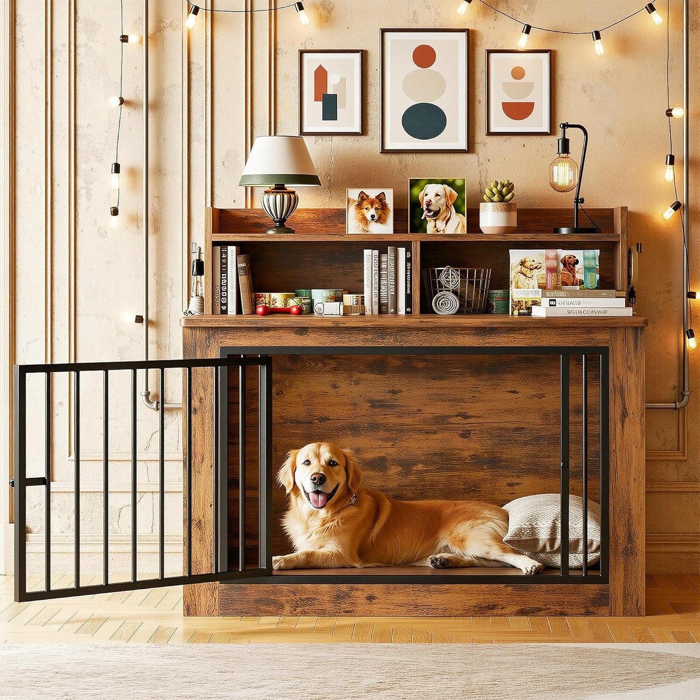 Extra Large Dog Crate Furniture, 43.3 Inches Wooden Dog Crate with Storage and 4 Hooks, Heavy Duty Pet Crate for Large Dog, Decorative Pet Cage for Indoor (30" L X 43.3" W X 41.1" H)