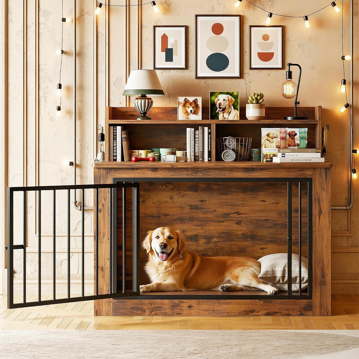 Extra Large Dog Crate Furniture, 43.3 Inches Wooden Dog Crate with Storage and 4 Hooks, Heavy Duty Pet Crate for Large Dog, Decorative Pet Cage for Indoor (30" L X 43.3" W X 41.1" H)