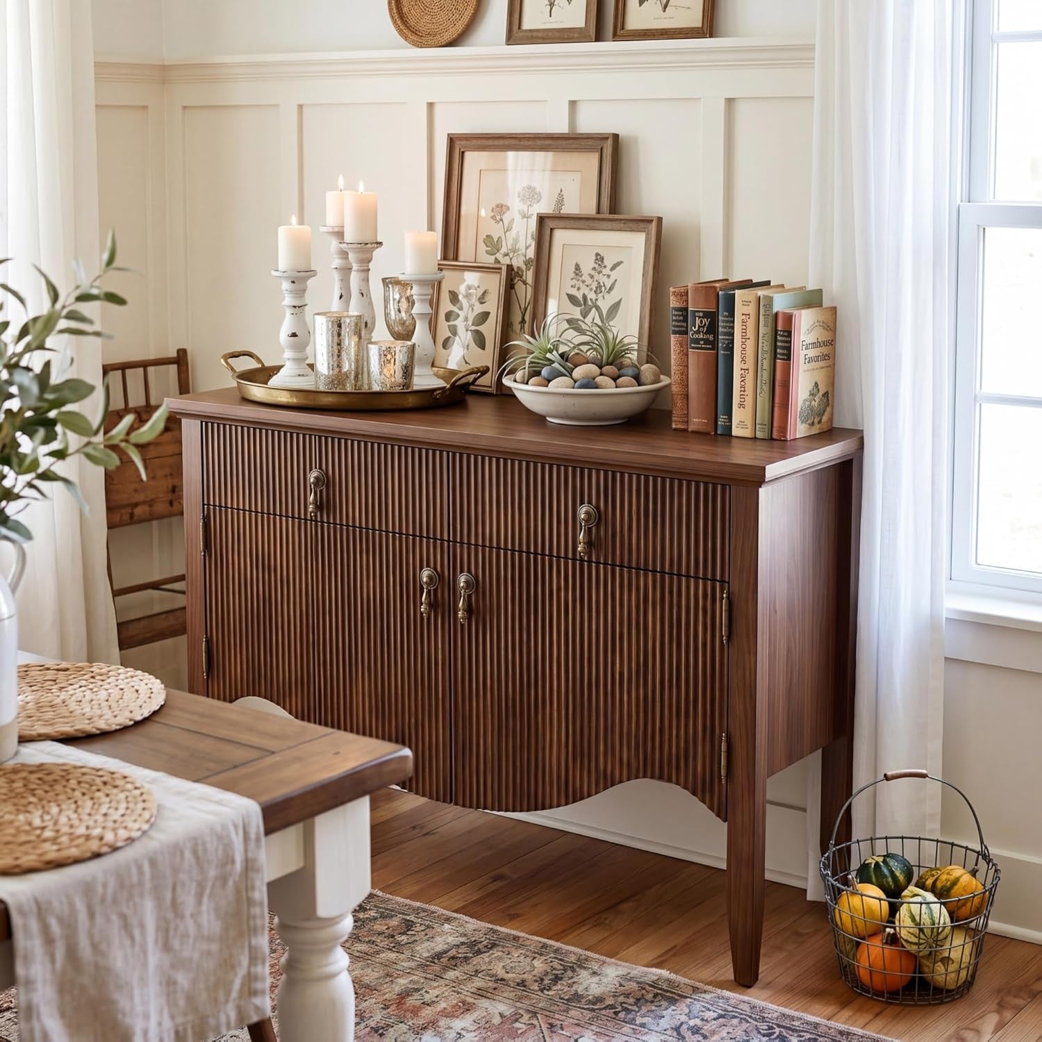 40" Retro Buffet Cabinet with Storage, Fluted Sideboard Credenza with Drawer, Accent Bar Cabinet for Living Room Furniture, Coffee Bar or Entryway, Dining Room, Walnut