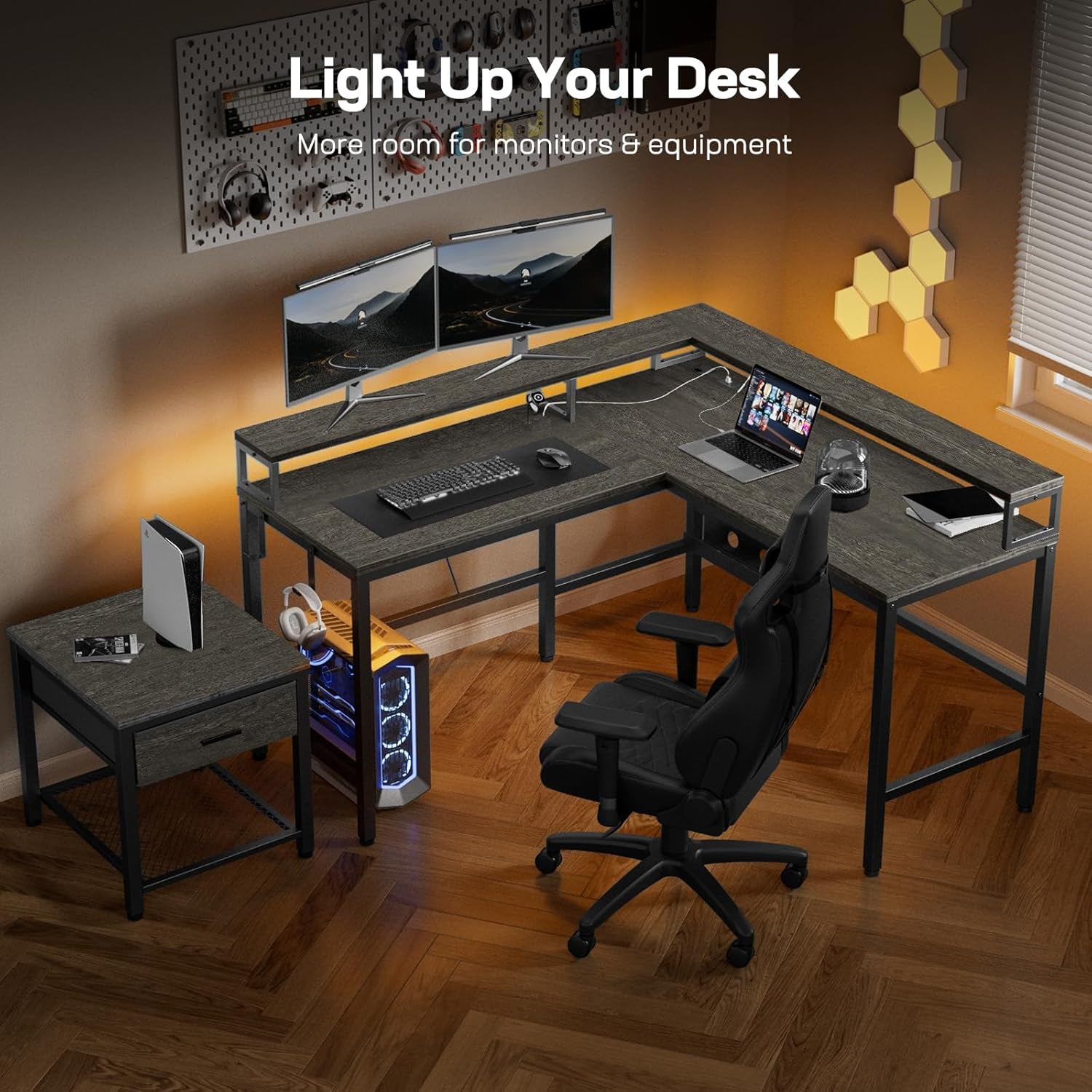 L Shaped Gaming Desk with Monitor Riser & Printer Stand, Home Office Corner Desk with Power Outlets & LED Light, Ergonomic Gaming Desk with Cable Management Tray, Hooks, Rustic Brown