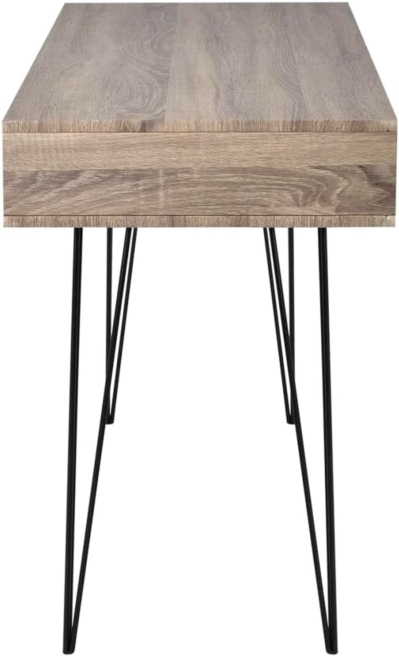 Modern Grey MDF & Black Metal Desk, 43.3 X 19.7 X 29.9 In, Stylish Rectangular Computer Office Table with 2 Storage Compartments, Ideal for Home Study & Writing