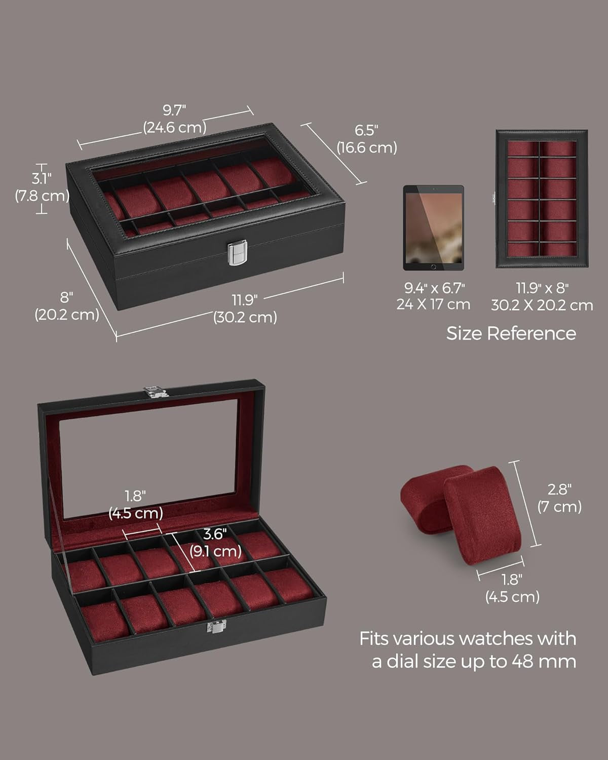 Watch Box, 12-Slot Watch Case with Large Glass Lid, Removable Watch Pillows, Watch Box Organizer, Gift for Loved Ones, Black Synthetic Leather, Wine Red Lining UJWB120R01