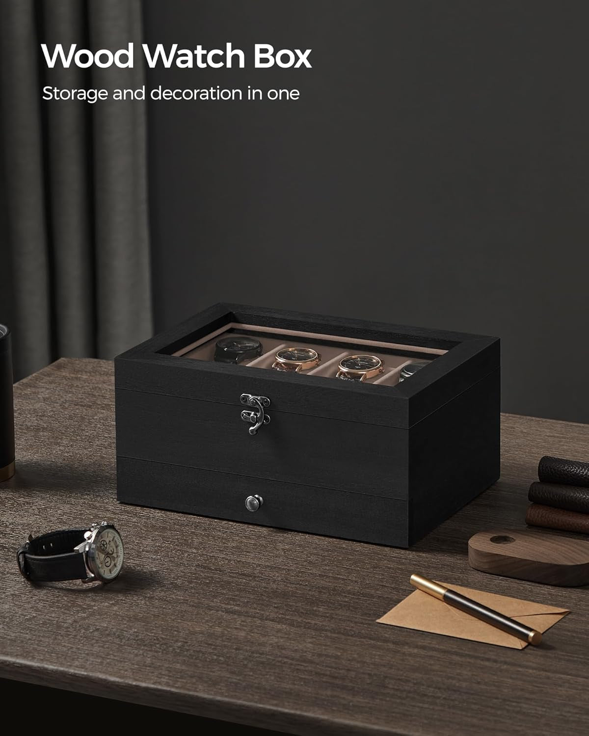8-Slot Watch Box, 2-Tier Watch Display Case with Large Glass Lid, Removable Watch Pillows, Velvet Lining, Jewelry Box, Gift Idea, Ebony Black UJOW008B01