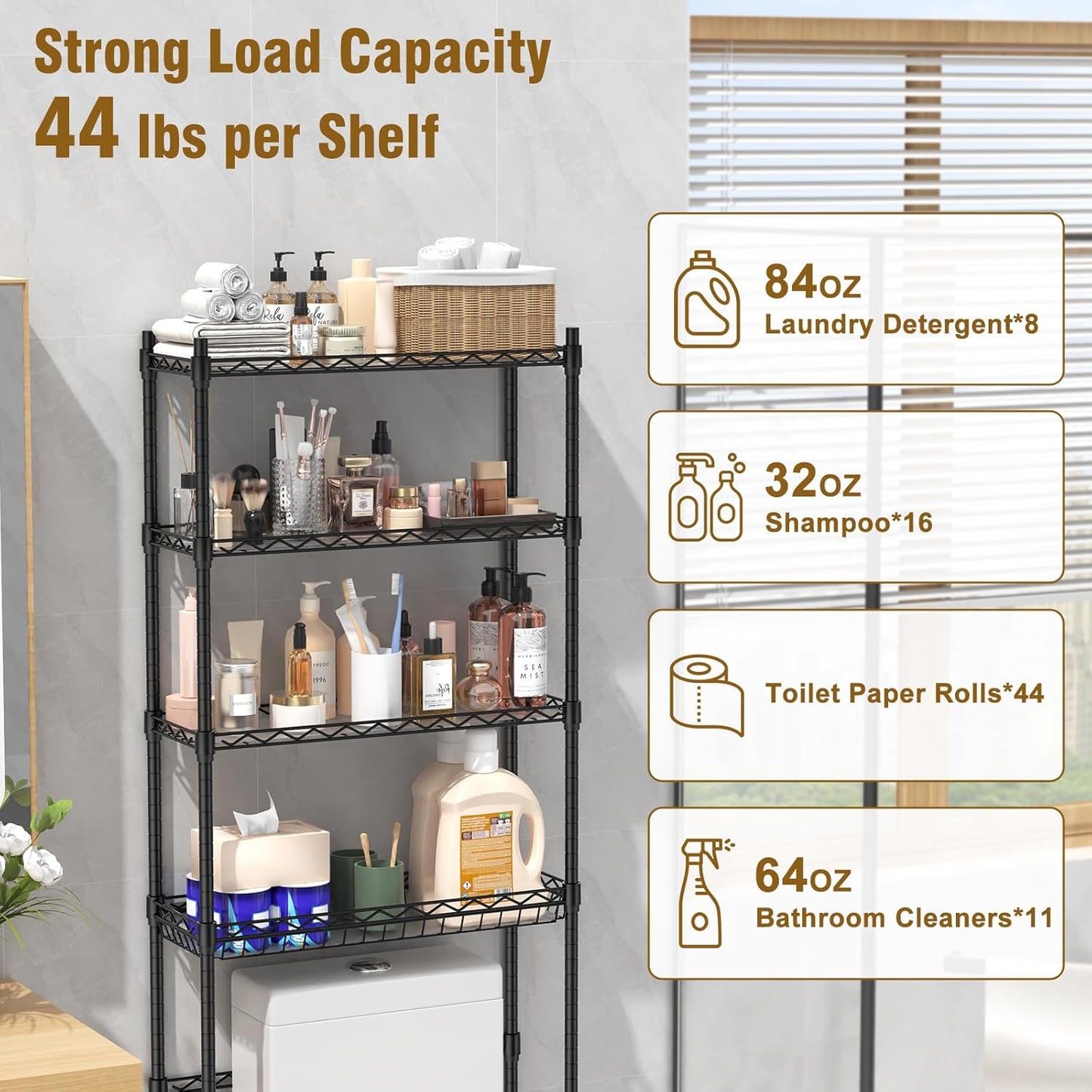 4 Tier over the Toilet Storage Rack, Bathroom Organizers and Storage over Toilet with Adjustable Shelf and Basket, above Toilet Storage Bathroom Cabinet for Small Space (Black)