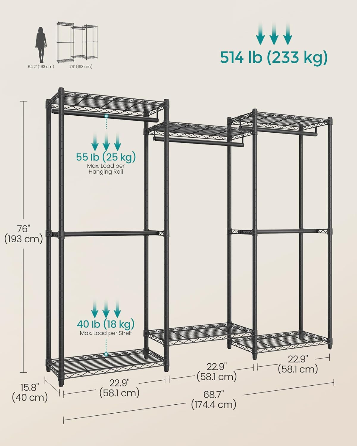 Heavy-Duty Clothes Rack, Garment Rack, Portable Closet, 68.7-Inch Wide Clothing Rack with Adjustable Mesh Shelves and Hanging Rails, Ink Black ULGR433B01