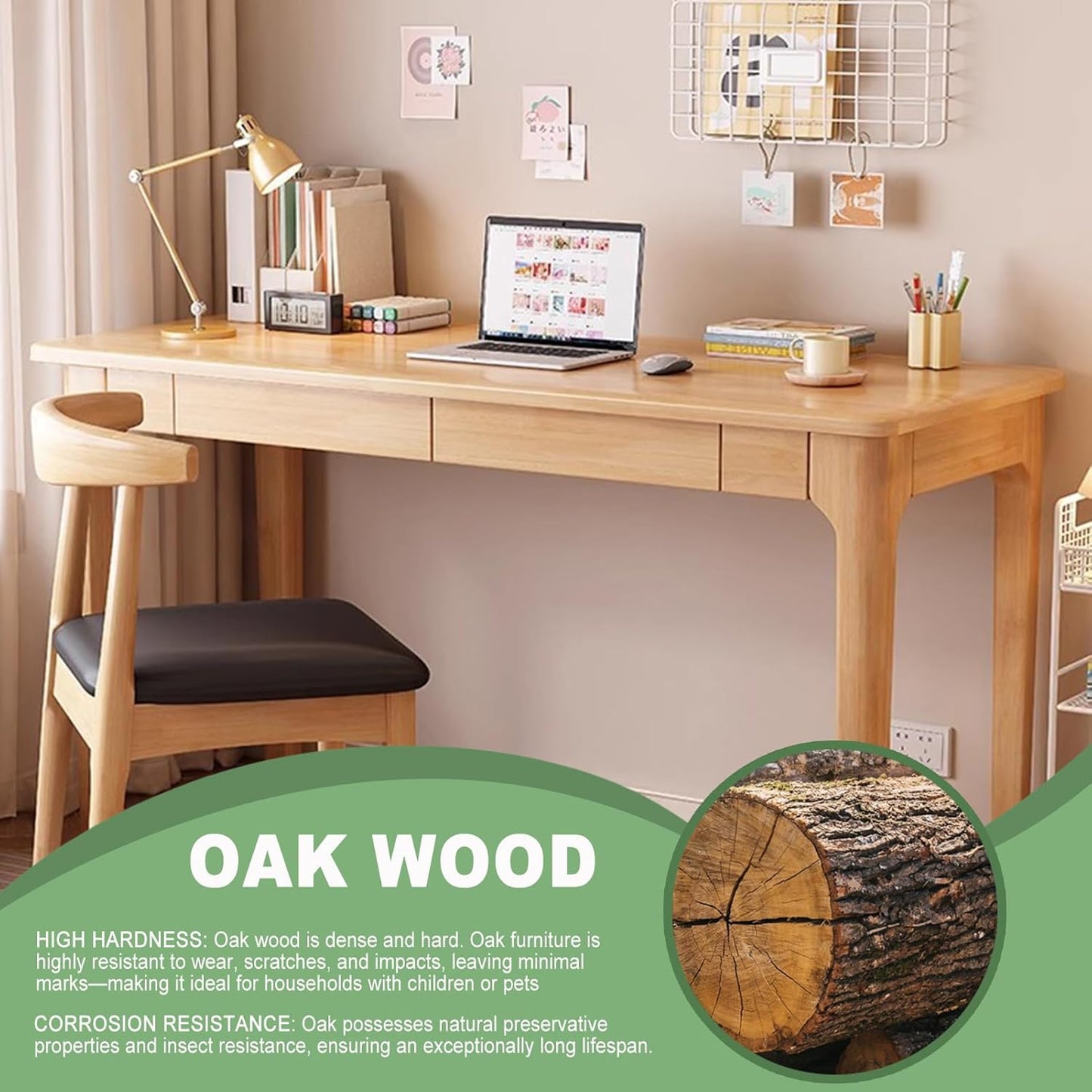 Solid Wood Desk with Drawers, Writing Study Table for Small Spaces, Mid Century Versatile Home Office Computer Workstation, Wooded Vanity Table for Bedroom