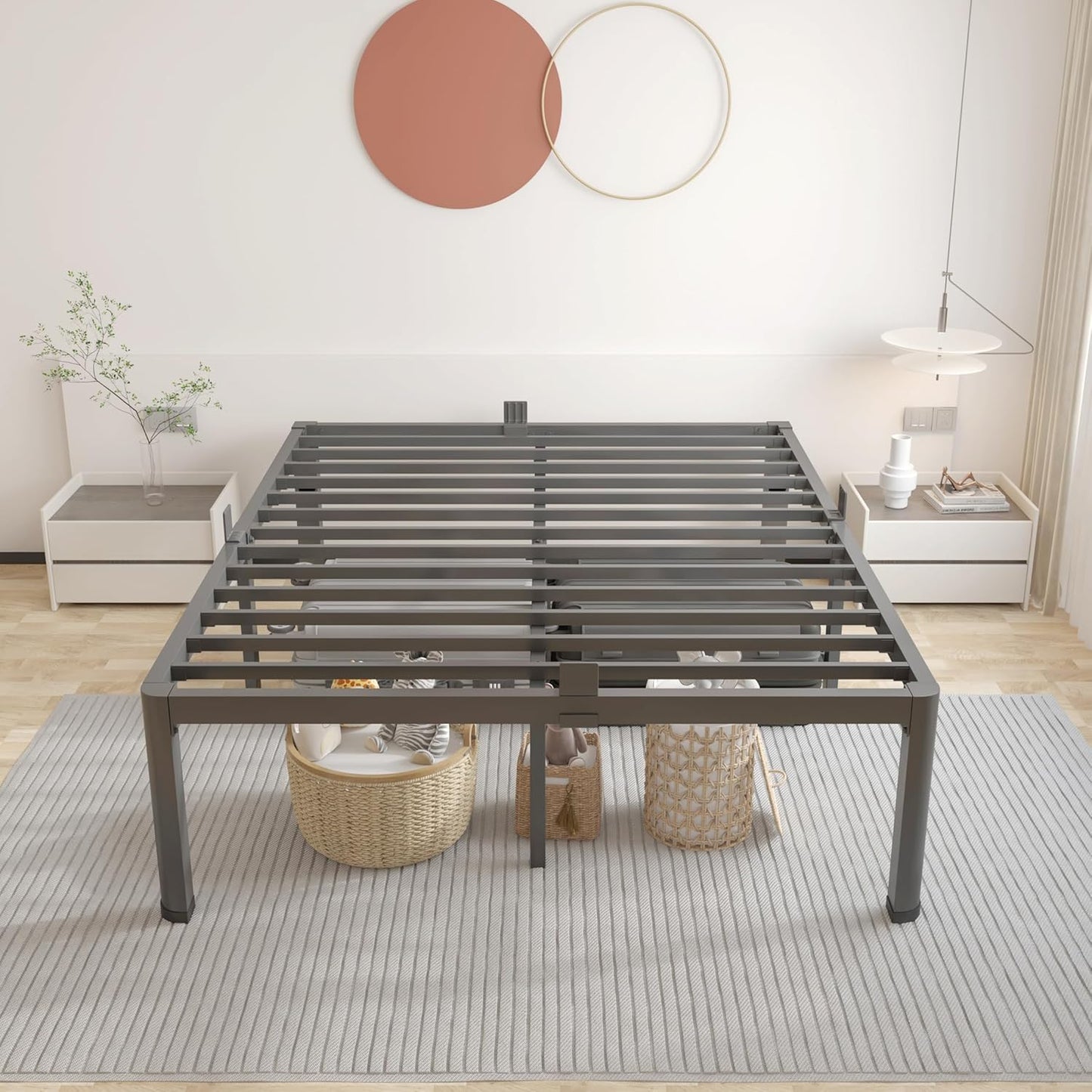 14 Inch Metal Queen Bed Frame with Rounded Corner and Headboard Hole Mattress Retainers 3500LBS Heavy Duty Steel Slats No Box Spring Needed Platform Noise-Free Easy Assembly