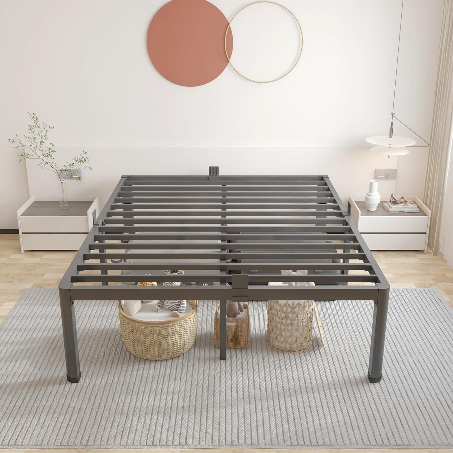 14 Inch Metal Queen Bed Frame with Rounded Corner and Headboard Hole Mattress Retainers 3500LBS Heavy Duty Steel Slats No Box Spring Needed Platform Noise-Free Easy Assembly