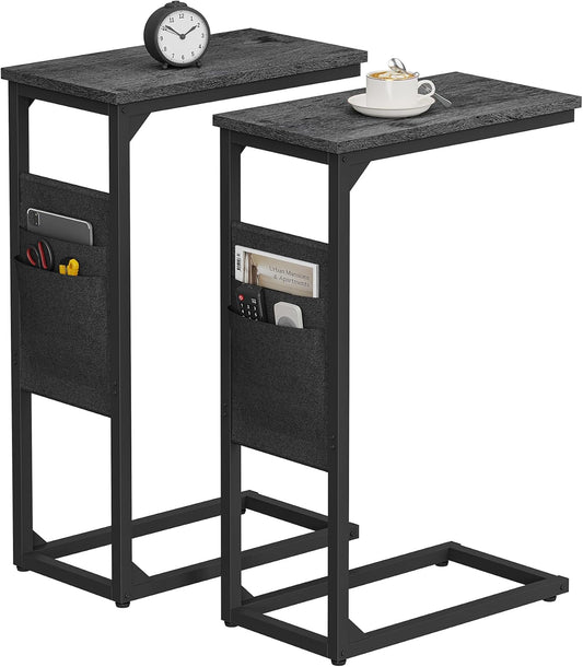 C Shaped End Table, Side Table for Couch, Sofa Table with Storage Bag, TV Tray for Living Room, Bedroom, Charcoal Grey TB01BY0822