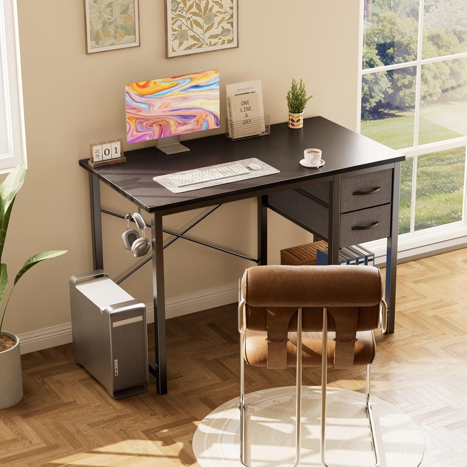 Small Computer Desk with 2 Drawers 40 Inch Home Office Desk Modern Simple Study Writing Table with Storage Shelf for Bedroom, Black