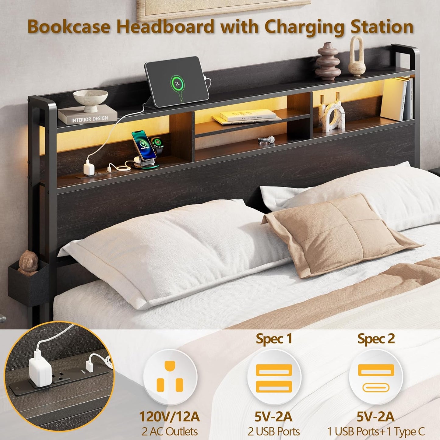 Full Size Bed Frame with Wood Headboard, Metal Platform Bed Frame Full Size with 2 Storage Drawers and Shelf, LED Lights and Charging Station, No Box Spring Needed, Noise Free, Black