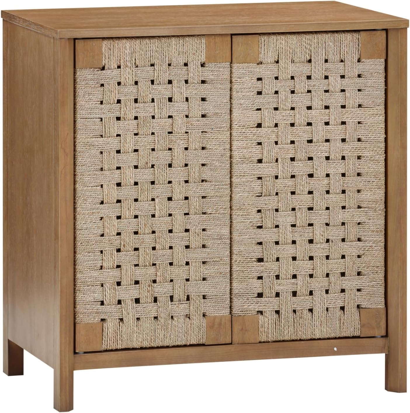 Aerie Rustic Wood Cabinet, Boho Living Room Storage Cabinet with Seagrass Door Panels and Solid Wood Legs, Light Brown