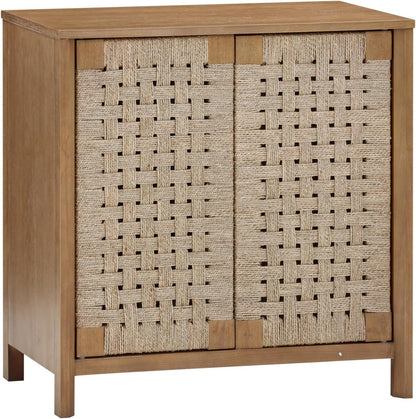 Aerie Rustic Wood Cabinet, Boho Living Room Storage Cabinet with Seagrass Door Panels and Solid Wood Legs, Light Brown