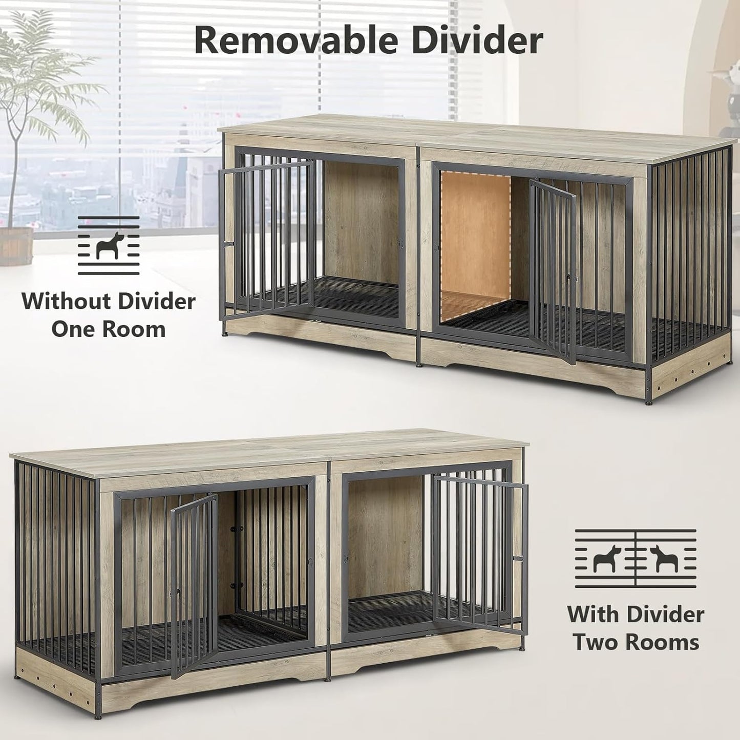 86 Inch Double Dog Crate Furniture, Dog Cage Furniture with Removable Divider & Trays, Large Wooden Dog Crates for 2 Dogs Indoor with Three Doors, Rustic Brown