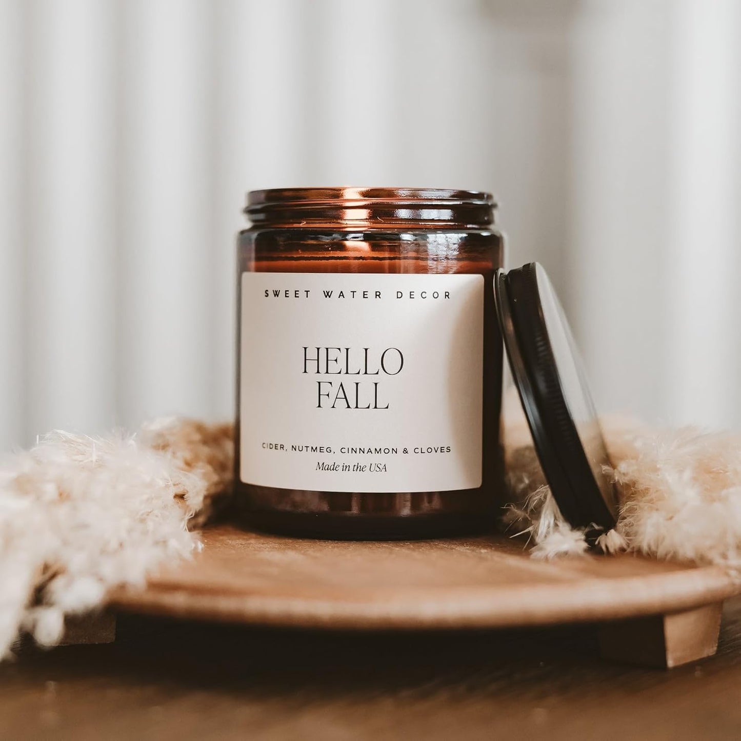 Hello Fall Soy Candles - Fall Candle with Hot Cider, Cinnamon, Cloves, and Nutmeg Scent for Home - Soy Candle with 40 Hours Burn Time - 9Oz Black Lid Amber Jar Candles Fall Scents