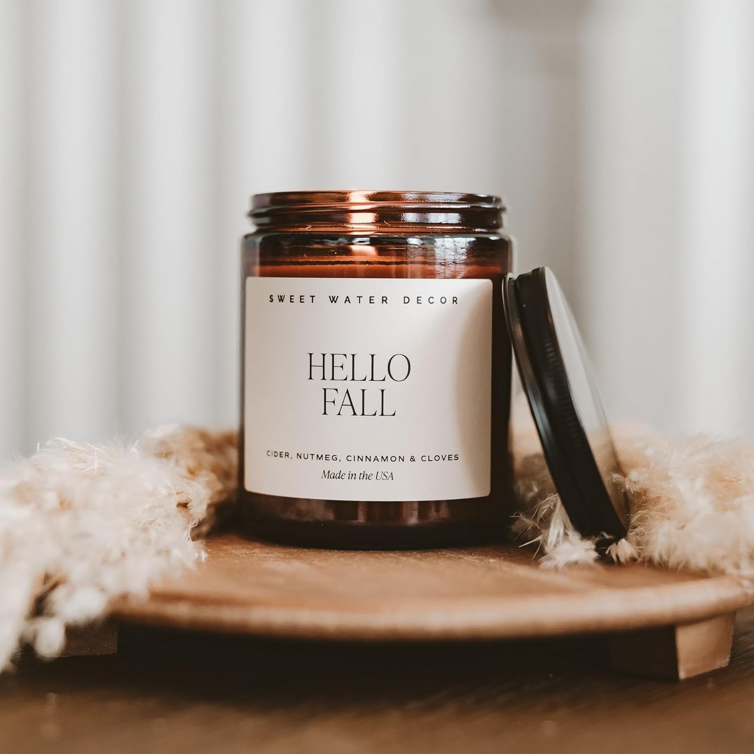 Hello Fall Soy Candles - Fall Candle with Hot Cider, Cinnamon, Cloves, and Nutmeg Scent for Home - Soy Candle with 40 Hours Burn Time - 9Oz Black Lid Amber Jar Candles Fall Scents