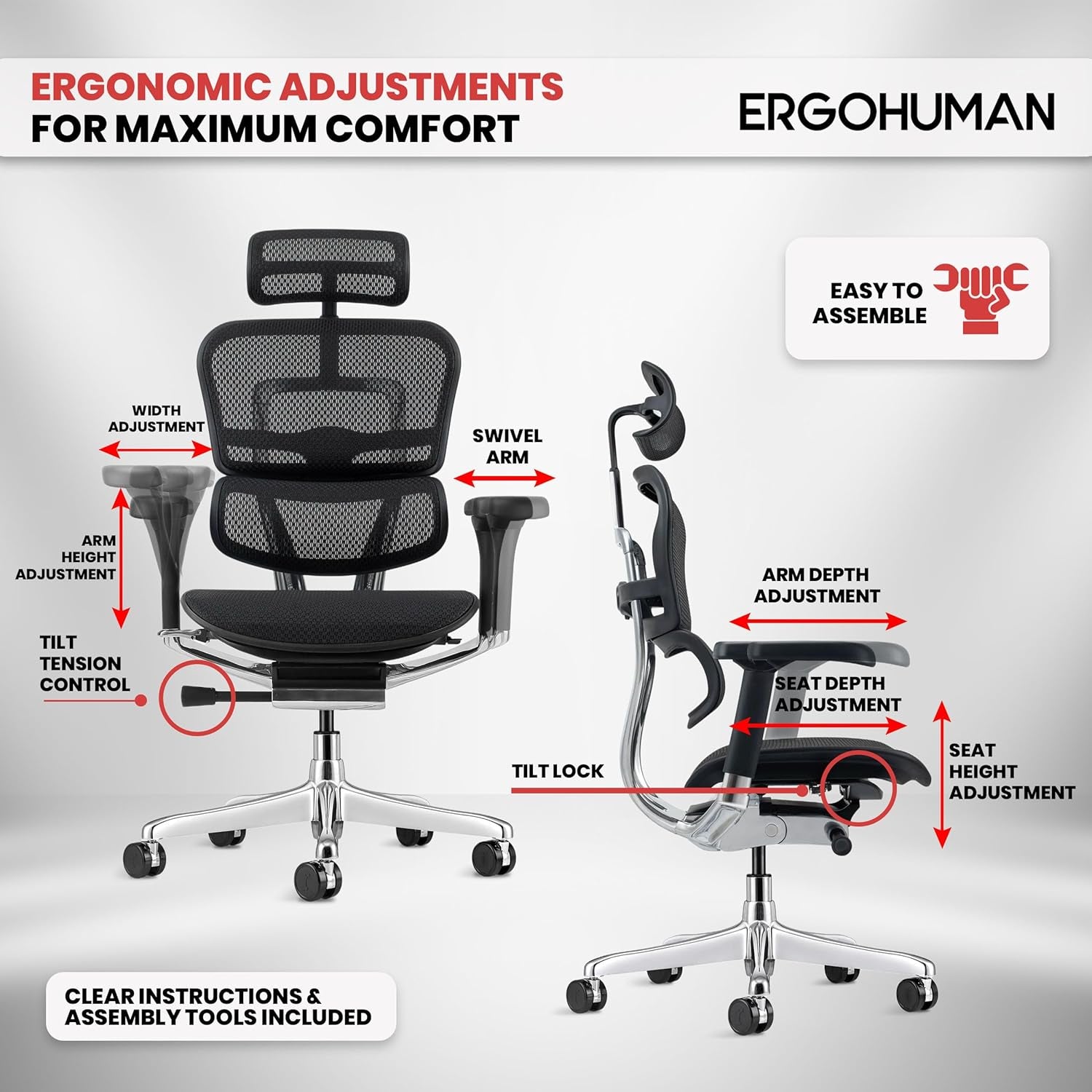 Eurotech ME7ERG GEN2 High Back Mesh Office, Computer, or Gaming Chair W/Tilt Tension Control & Lock, Back Angle/Height, Swivel Arms, Seat Height,/Depth, and Arm Height Adjustments, Black