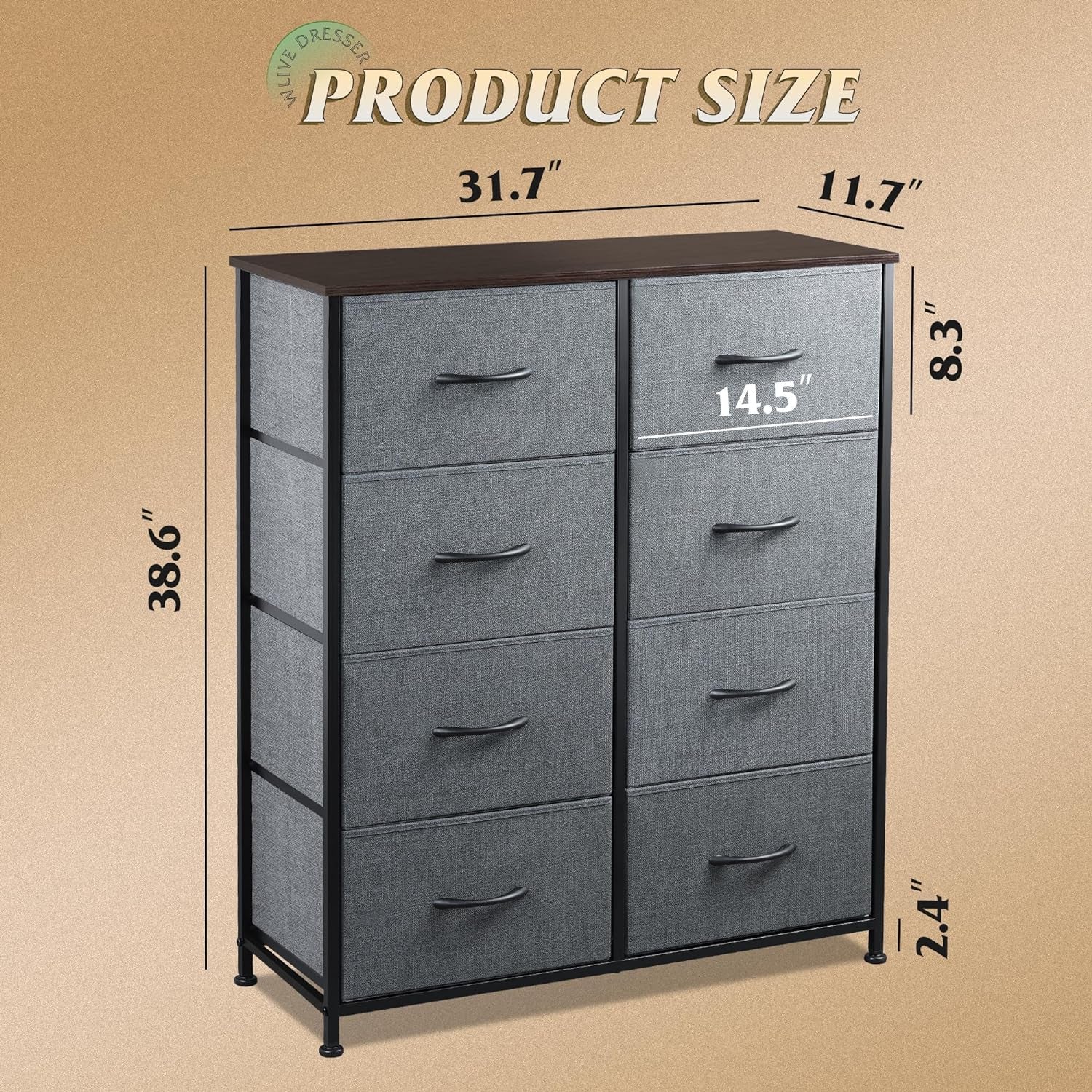 Fabric Dresser for Bedroom, Tall Dresser with 8 Drawers, Storage Tower with Fabric Bins, Double Dressers, Chest of Drawers for Closet, Living Room, Hallway, Dark Gray