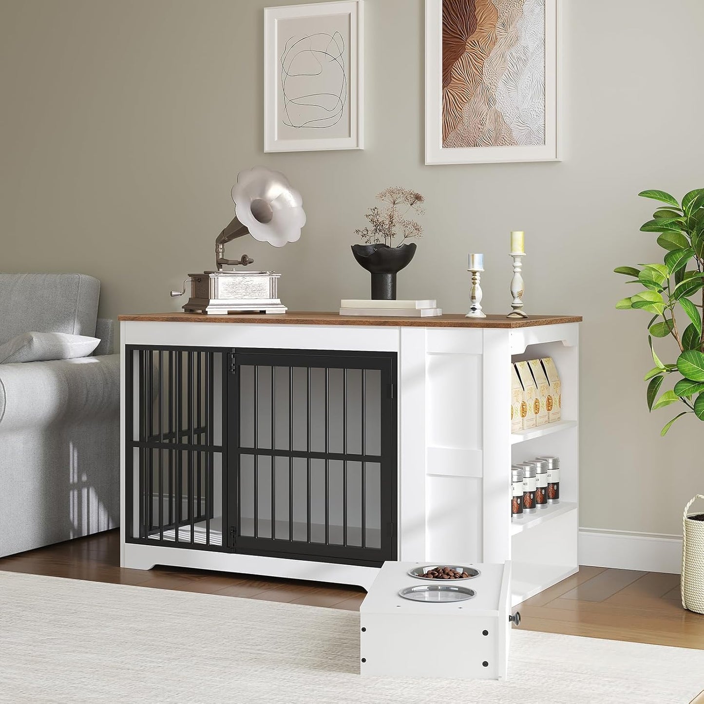 Dog Crate Furniture, 47.2” Dog Kennel Indoor with Storage Shelf and Feeding Bowls, Wooden Dog Kennel Furniture for Medium Large Dogs, White, Walnut and Black