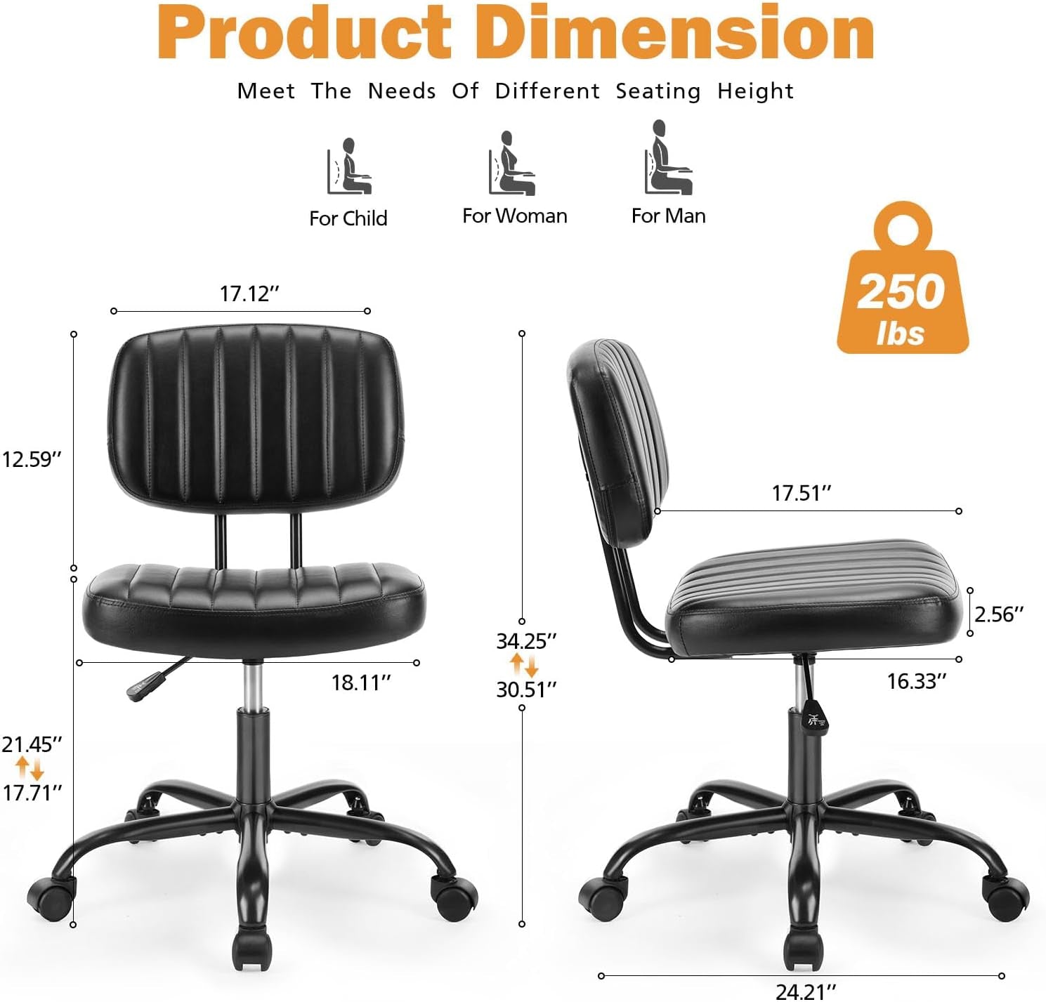 Small Office Desk Chair with Wheels Armless Comfy Computer Chair with Lumbar Support, PU Leather Low Back Adjustable Height 360° Rolling Swivel Task Chair without Arm for Home, Bedroom