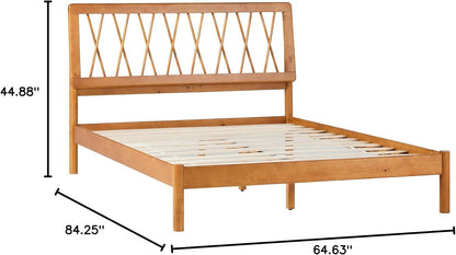Queen Transitional Geometric X Pattern Headboard Solid Wood Bed, Queen Size, Caramel