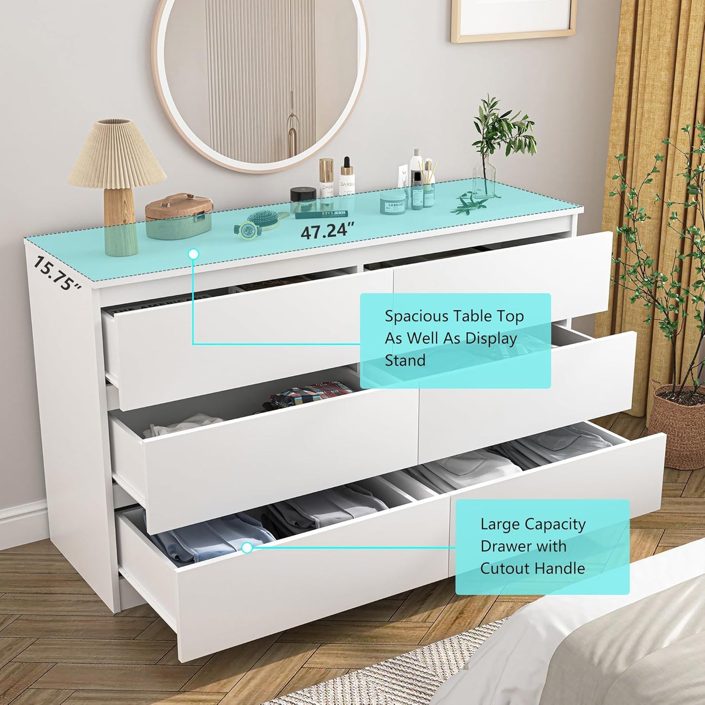 White Dresser 6 Drawer, Modern Double Dresser for Bedroom, Wood Chest of Drawers with Wide Storage for Living Room