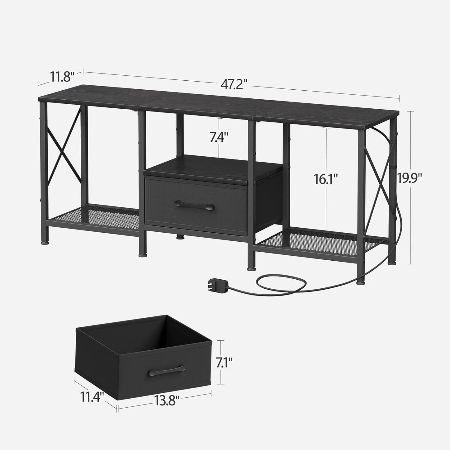 LED TV Stand with Fabric Drawer, Entertainment Center for 50 55 Inch TV, Industrial TV Console Table with Open Storage Shelves for Living Room, Bedroom, Black