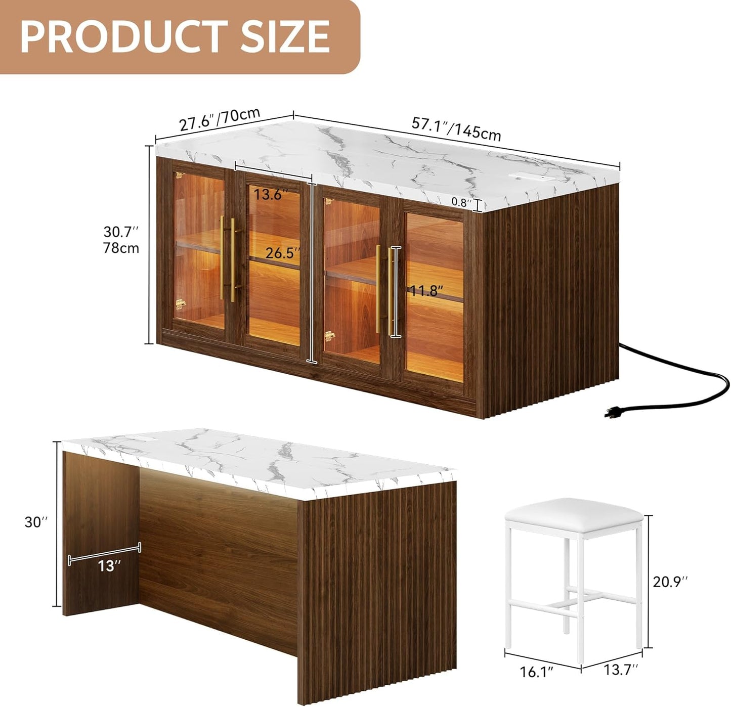 Kitchen Island with Storage, 57" W Large Island Table with Seating/Led Light for Dining Room, Kitchen Carts on Wheels Breakfast Bar Table W/Power Outlet, Walnut