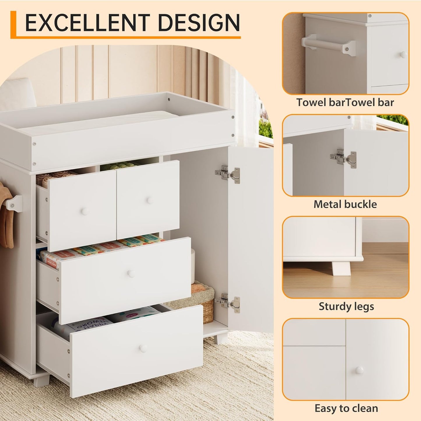 Baby Changing Table Dresser with 5 Drawers, Modern Nursery Dresser with an Open Storage Space, Diaper Changing Station for Bedroom, Kids Room, Baby Room, White