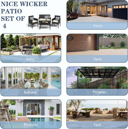 4 Pieces Patio Furniture Set, Outdoor Wicker Rattan Patio Conversation Furniture Set with Waterproof Cushion and Table for Lawn Backyard, Garden, Balcony, Porch and Poolside (Black)
