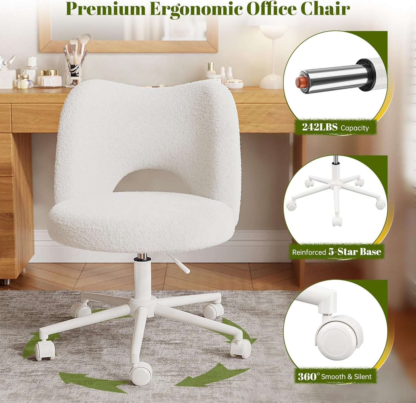 Vanity Chair with Wheels Armless, White Vanity Chair with Back,Ultra-Plush Fleece Cute Desk Chair, Small Office Chair Height Adjustable,For Make-Up Room,Bedroom