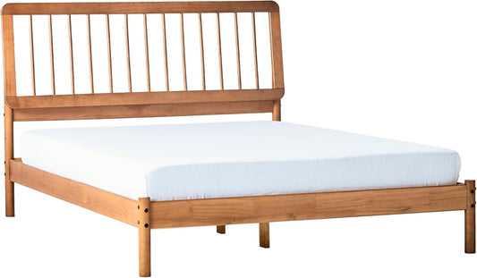 Clemente Mid-Century Modern Spindle Headboard Queen Bedframe, Queen Size, Caramel