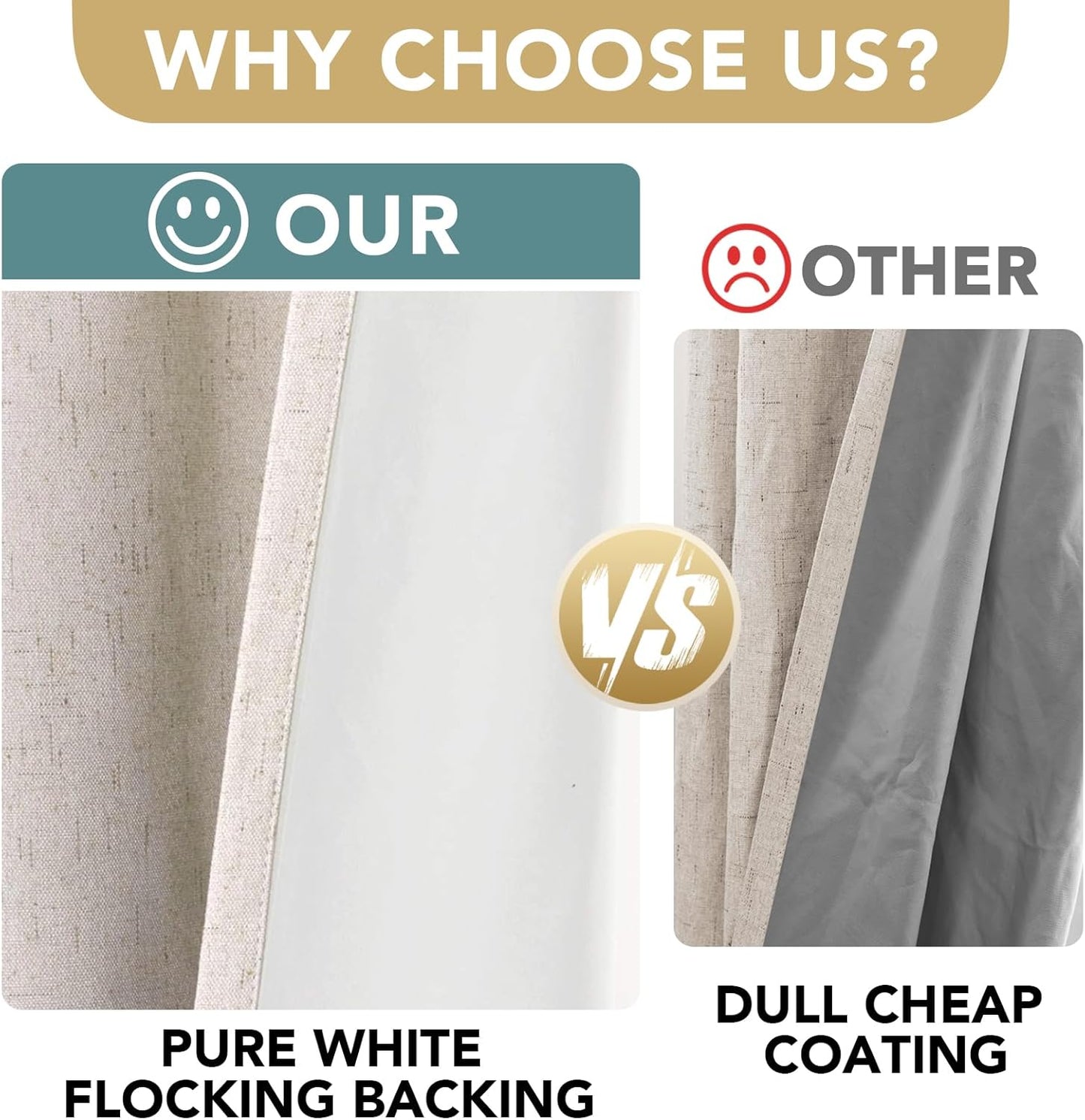 Linen 100% Blackout Curtains for Bedroom Full Light Blocking Curtains, Textured Window Curtain for Living Room 84 Inch Grommet, Energy Efficient Curtains White Liner(2 Panels, Natural)