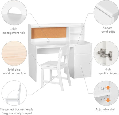 Kids Study Desk with Chair, Kids Desk and Chair Sets with Hutch and Storage Cabinet, Wooden Children Study Table, Student Writing Table Computer Workstation for 5-12 Years Old