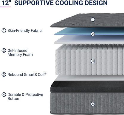 12 Inch King Size Mattress, Hybrid Mattress with Smarts Coil™ Pocket Springs for Targeted Support and Nanogel™ Memory Foam for Cool Night Sleep & Motion Isolation, Certipur-Us Certified