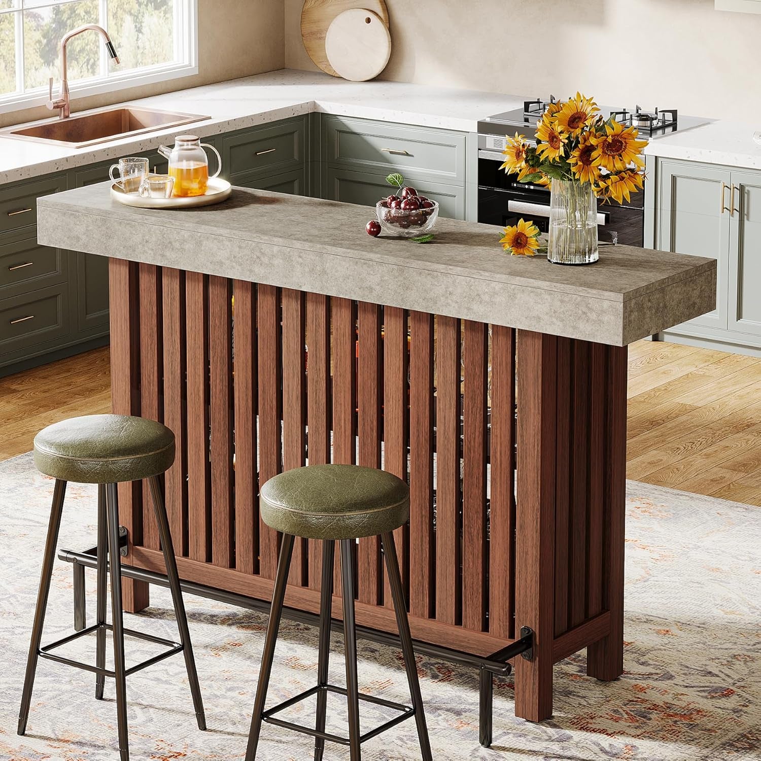 63-Inch Large Home Bar Unit, 2-Tier Kitchen Island Mini Bar Height Pub Table with Footrest, Modern Coffee Bar Cabinet for Dining Room, Bistro, Living Room