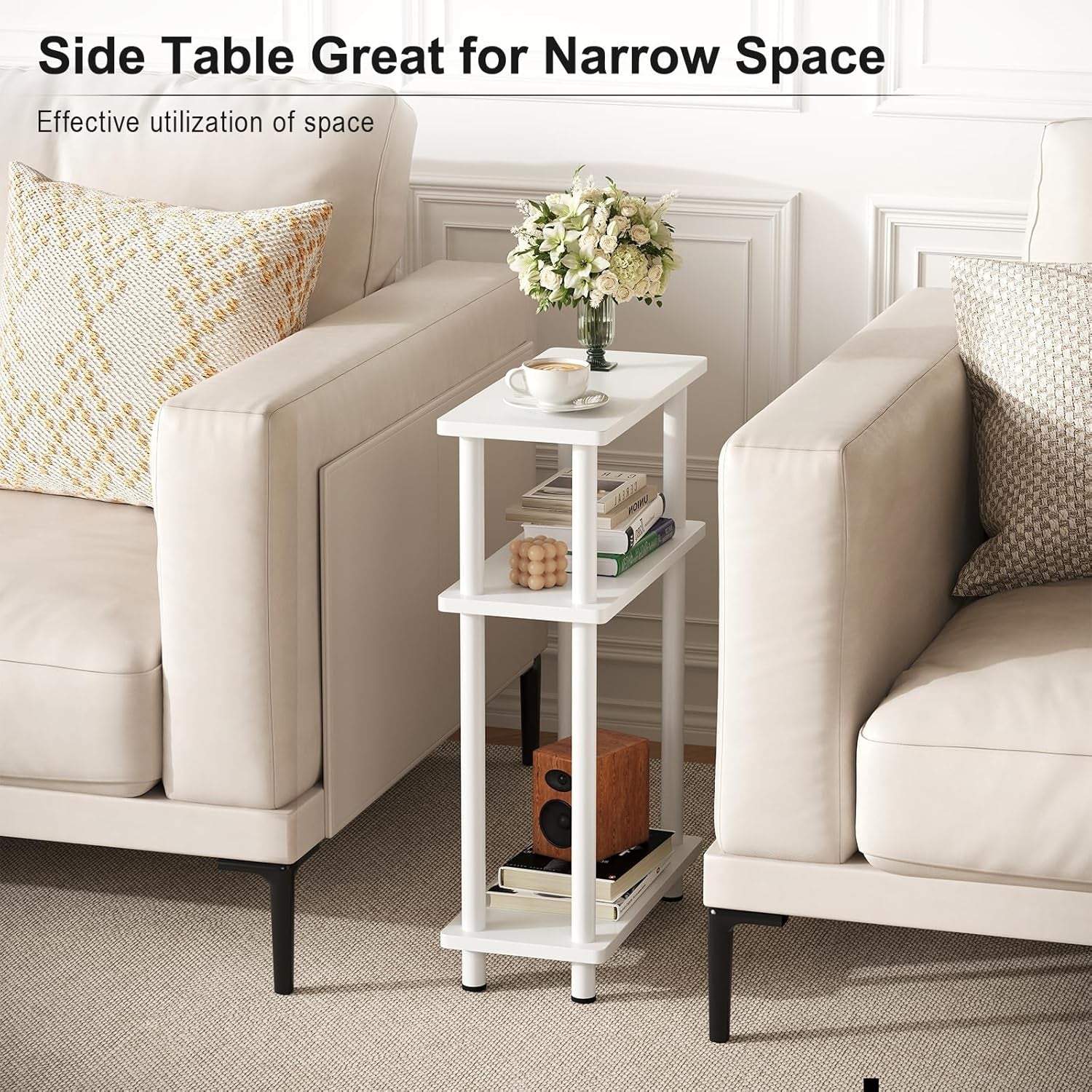Small Narrow Side Table, 3-Tier Skinny End Table with Storage Shelf, Slim Nightstand Bedside Table for Small Spaces, Living Room, Bderoom, White
