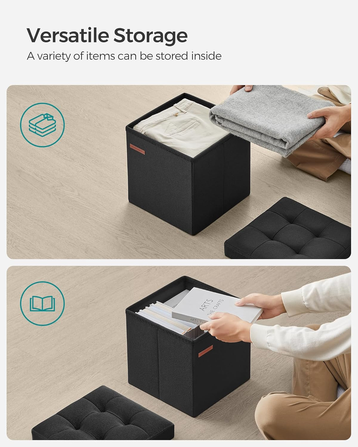 Storage Ottoman, Foldable Small Ottoman Foot Rest, 11.8 Inches Foot Stool, Cube Ottoman with Storage, Load up to 286 Lb, for Living Room, Bedroom, Dorm, Ink Black ULSF028B01