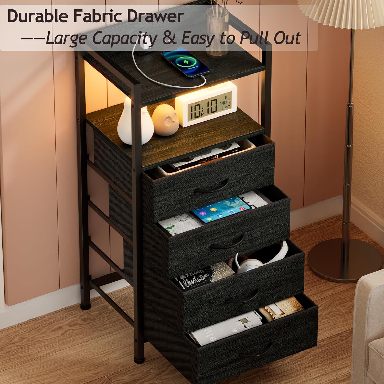Night Stand with Charging Station, Black Nightstand with Drawers and Led Light, Tall Dresser for Bedroom, Bedside Table with Fabric Storage Bins, Metal Frame, Wood Furniture