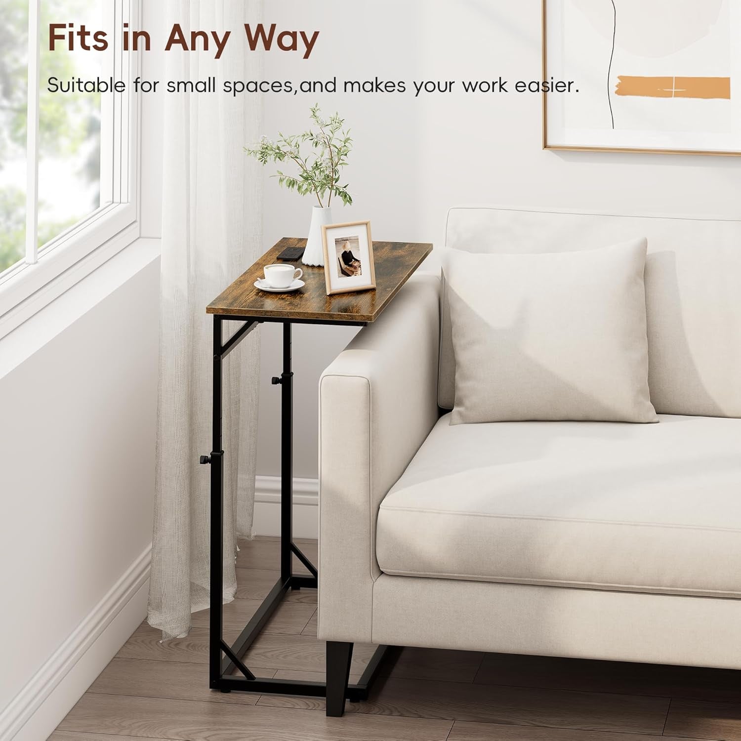 C Shaped End Table with Charging Station, Large C-Table End Table Adjustable Height Side Table for Couch, Couch Table Slide under Sofa Table TV Tray Table for Sofa, Living Room, Bedroom,Brown