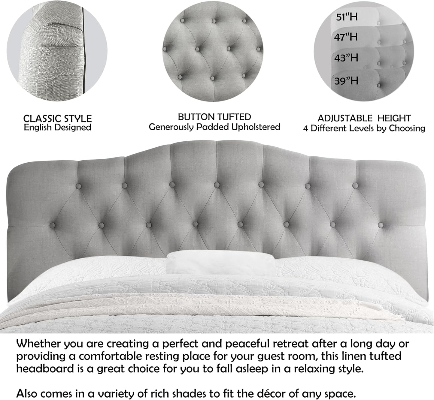 Givanna Adjustable Heigh Headboard with Linen Upholstery and Button Tufting for Bedroom,Queen,Dove Gray