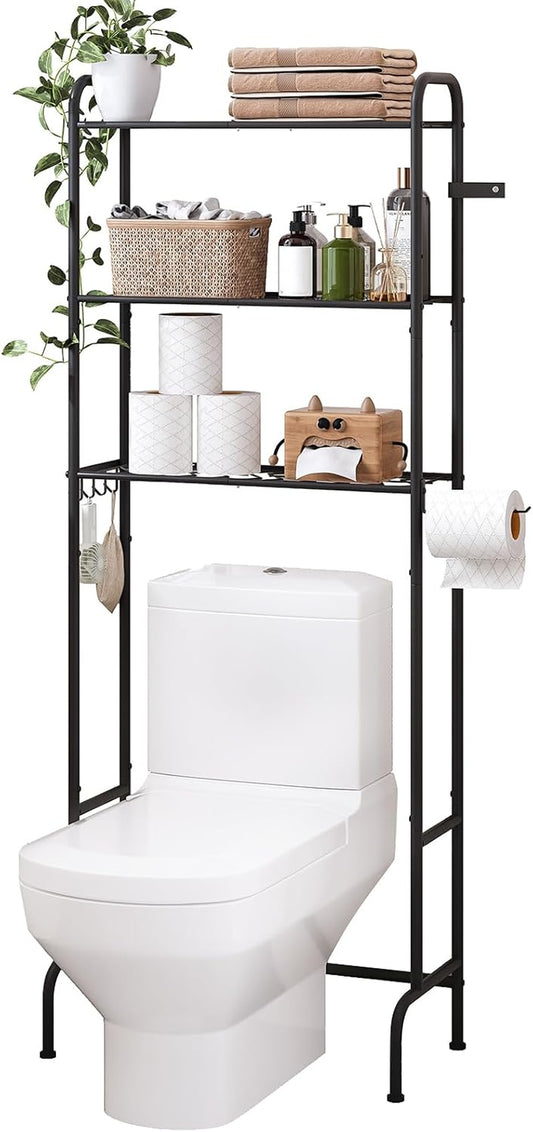 Over the Toilet Storage,3-Tier Heavy Duty Metal Bathroom Organizer, Freestanding Space Saver with Wide Shelves for Towels & Toilet Paper (Black)