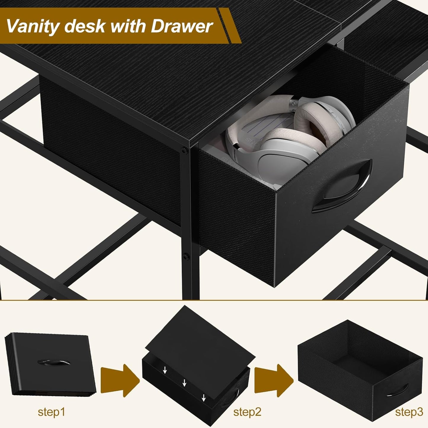 Makeup Vanity Desk without Mirror, Small Vanity Table with Fabric Drawers and Charging Station for Girls Bedroom, Simple Home Office Computer Desk for Small Spaces, Black