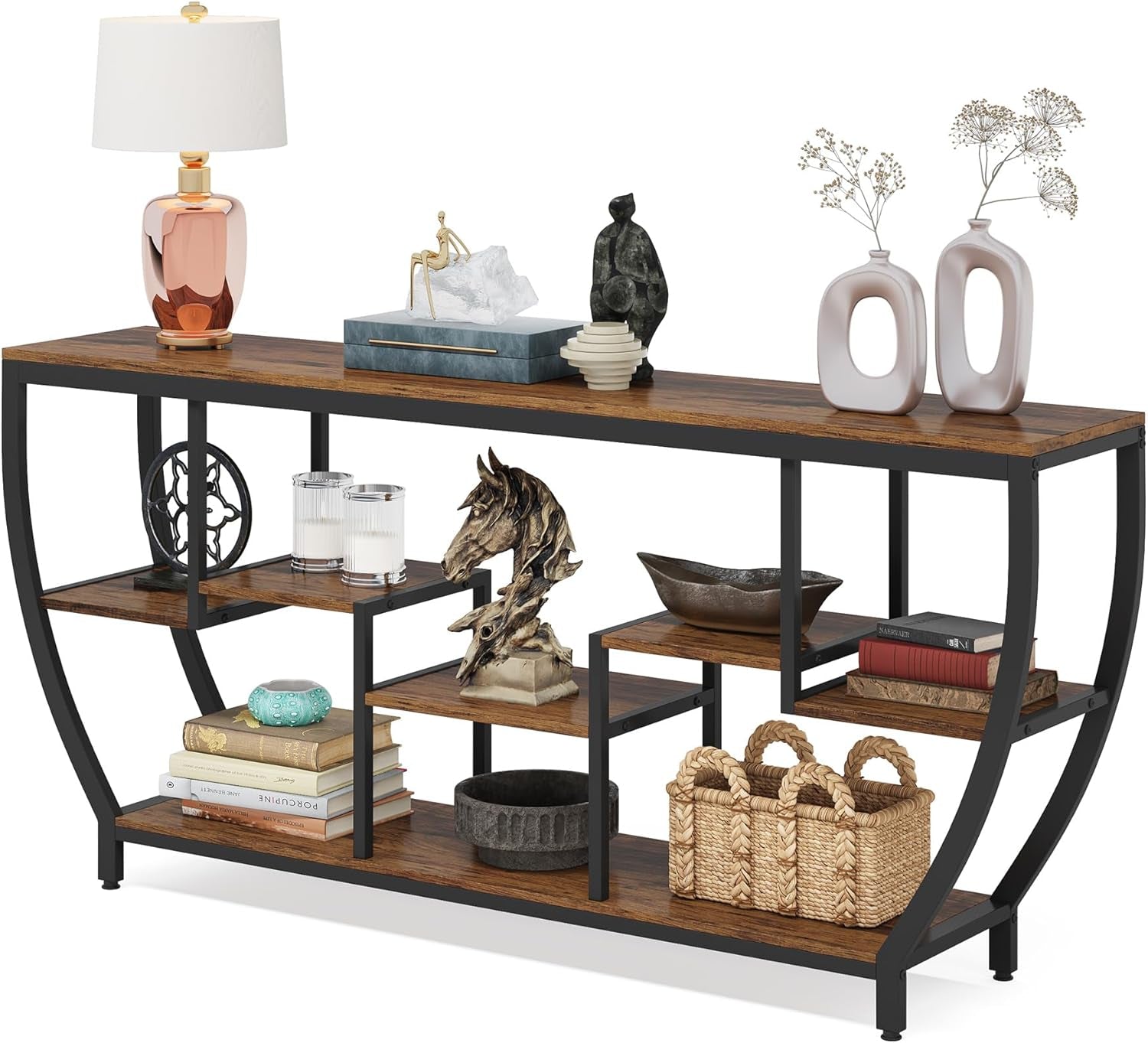 70.9 Inch Long Sofa Table with Shelves, Rustic Console Table with Storage, Industrial Entryway Table TV Stand, behind Couch Table Accent Tables for Living Room, Hallway, Foyer