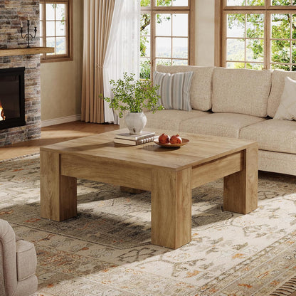 Square Coffee Table, 39-Inch Farmhouse Wooden Coffee Table with Sturdy Legs, Rustic Accent Center Table for Living Room, Easy Assembly, Light Brown