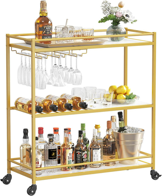 Bar Cart Gold, 3 Tier Wine Rolling Cart with Lockable Wheels, 12 Glass Holders and 4 Wine Rack, Home Serving Drink Liquor Cart for Kitchen Dining Living Room, 31.6" X 13.1" X 33.9", Gold